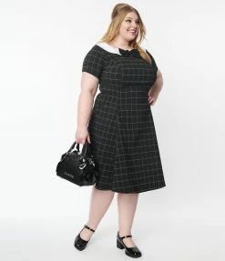 Unique Vintage Plus Size Black Windowpane Eloise Swing Dress Trending