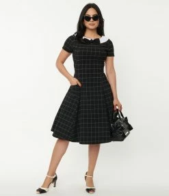Unique Vintage Black Windowpane Eloise Swing Dress