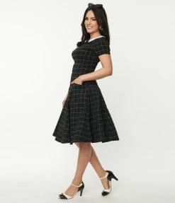 Unique Vintage Black Windowpane Eloise Swing Dress