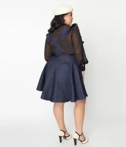 Unique Vintage Plus Size Dark Blue Denim Ruffle Pinafore