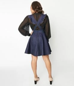Unique Vintage Dark Blue Denim Ruffle Pinafore New Arrivals!