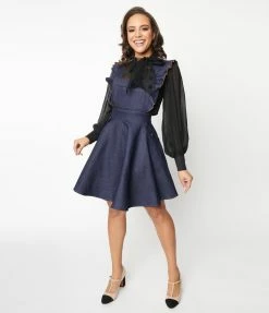 Unique Vintage Dark Blue Denim Ruffle Pinafore New Arrivals!
