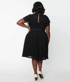 Unique Vintage Plus Size Black Butterfly Mesh Swing Dress New Arrivals!