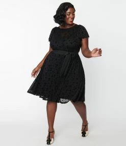 Unique Vintage Plus Size Black Butterfly Mesh Swing Dress New Arrivals!