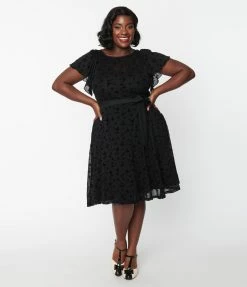 Unique Vintage Plus Size Black Butterfly Mesh Swing Dress New Arrivals!