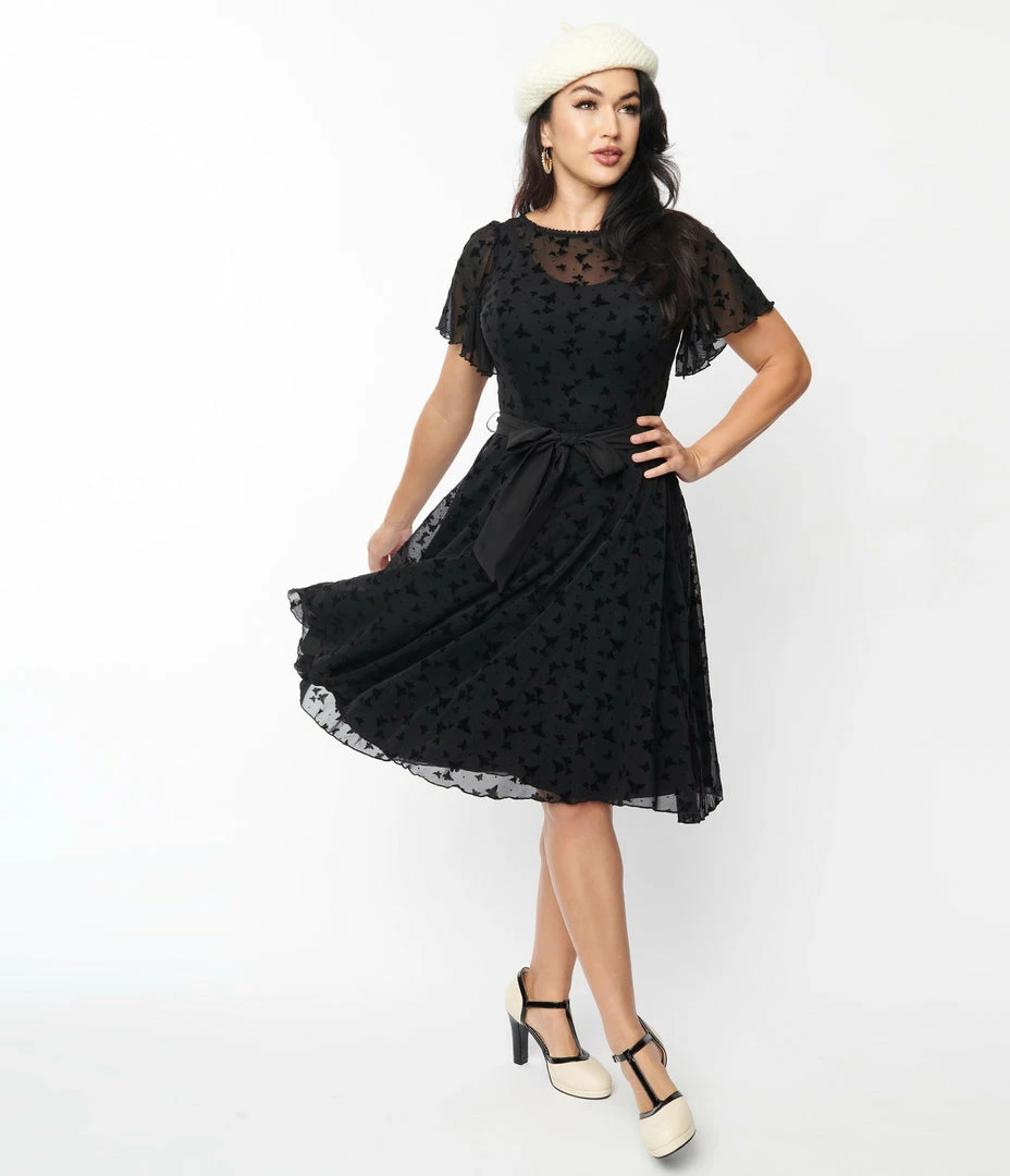 New Arrivals! Unique Vintage Black Butterfly Mesh Swing Dress