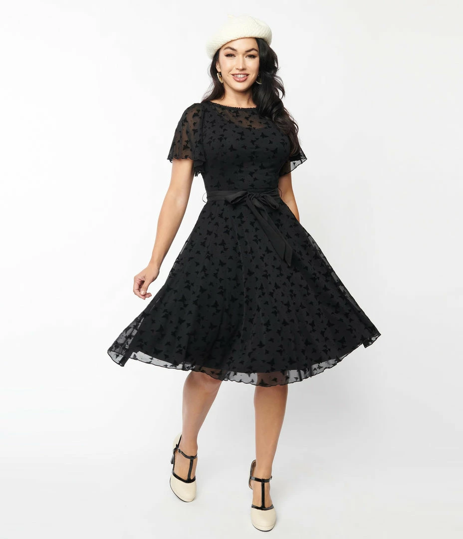 New Arrivals! Unique Vintage Black Butterfly Mesh Swing Dress