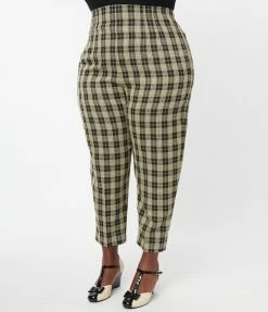 Sale Unique Vintage Plus Size Cream & Black Plaid Front Pleat Pants