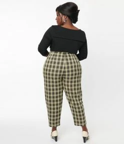 Sale Unique Vintage Plus Size Cream & Black Plaid Front Pleat Pants