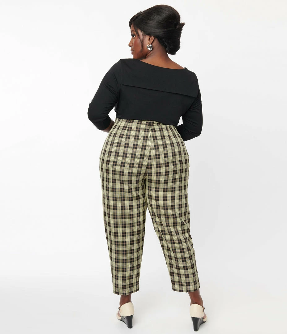 Sale Unique Vintage Plus Size Cream & Black Plaid Front Pleat Pants