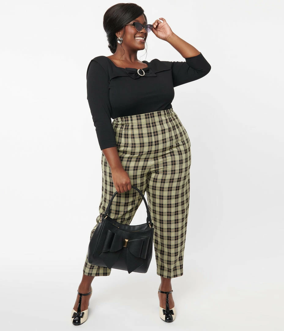 Sale Unique Vintage Plus Size Cream & Black Plaid Front Pleat Pants