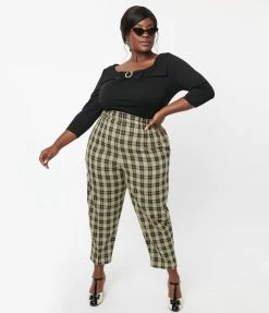 Sale Unique Vintage Plus Size Cream & Black Plaid Front Pleat Pants