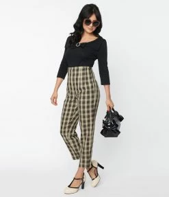 Unique Vintage Cream & Black Plaid Front Pleat Pants Sale