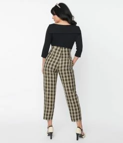 Unique Vintage Cream & Black Plaid Front Pleat Pants Sale
