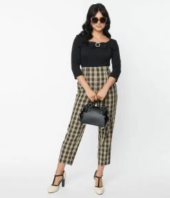 Unique Vintage Cream & Black Plaid Front Pleat Pants Sale