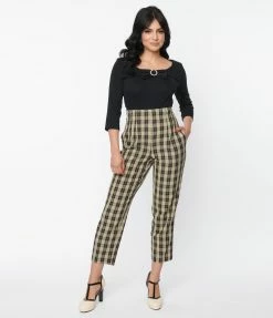 Unique Vintage Cream & Black Plaid Front Pleat Pants Sale