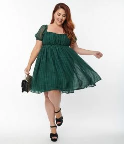 Unique Vintage Plus Size Emerald Plaid Chiffon Belle Babydoll Dress