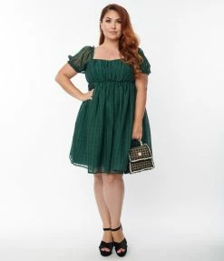 Unique Vintage Plus Size Emerald Plaid Chiffon Belle Babydoll Dress