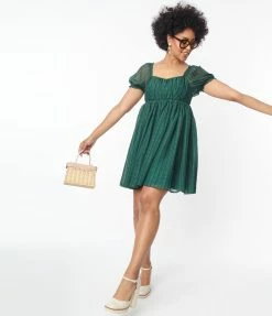 Unique Vintage Emerald Plaid Chiffon Belle Babydoll Dress