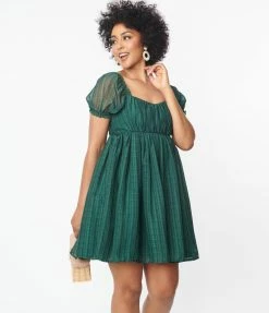 Unique Vintage Emerald Plaid Chiffon Belle Babydoll Dress