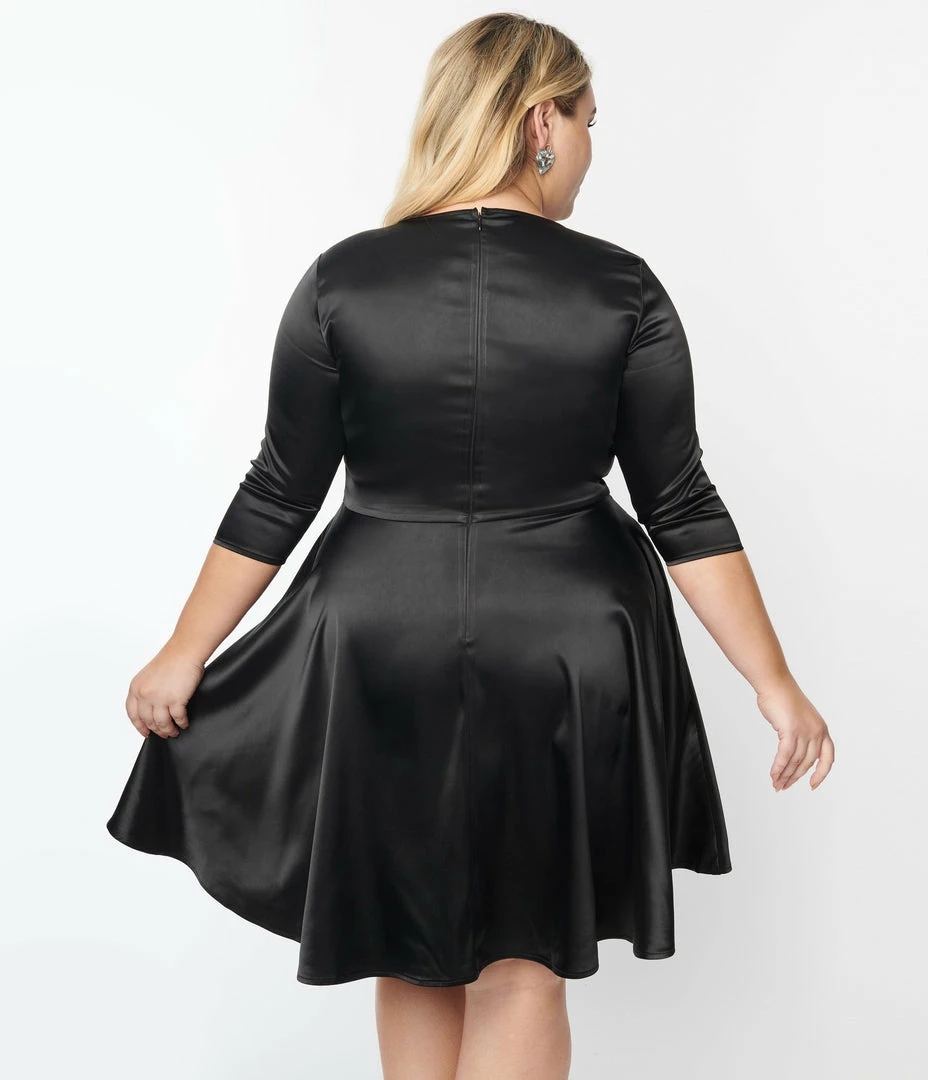 Unique Vintage Plus Size Black & Trompe Loeil Bow Tie Ricci Flare Dress Clothing