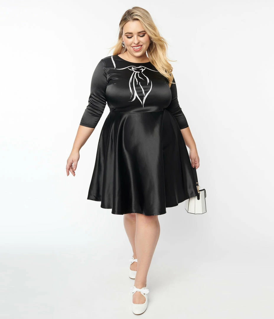 Unique Vintage Plus Size Black & Trompe Loeil Bow Tie Ricci Flare Dress Clothing