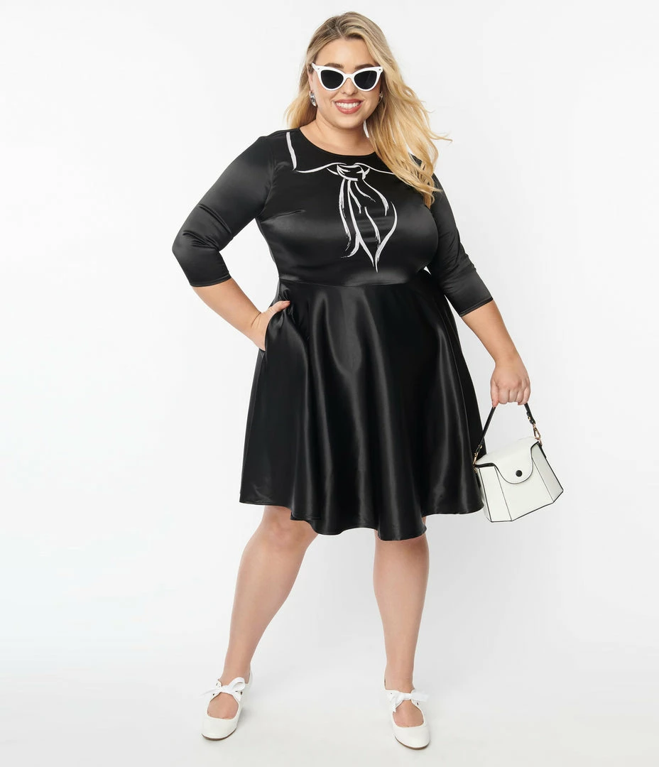 Unique Vintage Plus Size Black & Trompe Loeil Bow Tie Ricci Flare Dress Clothing