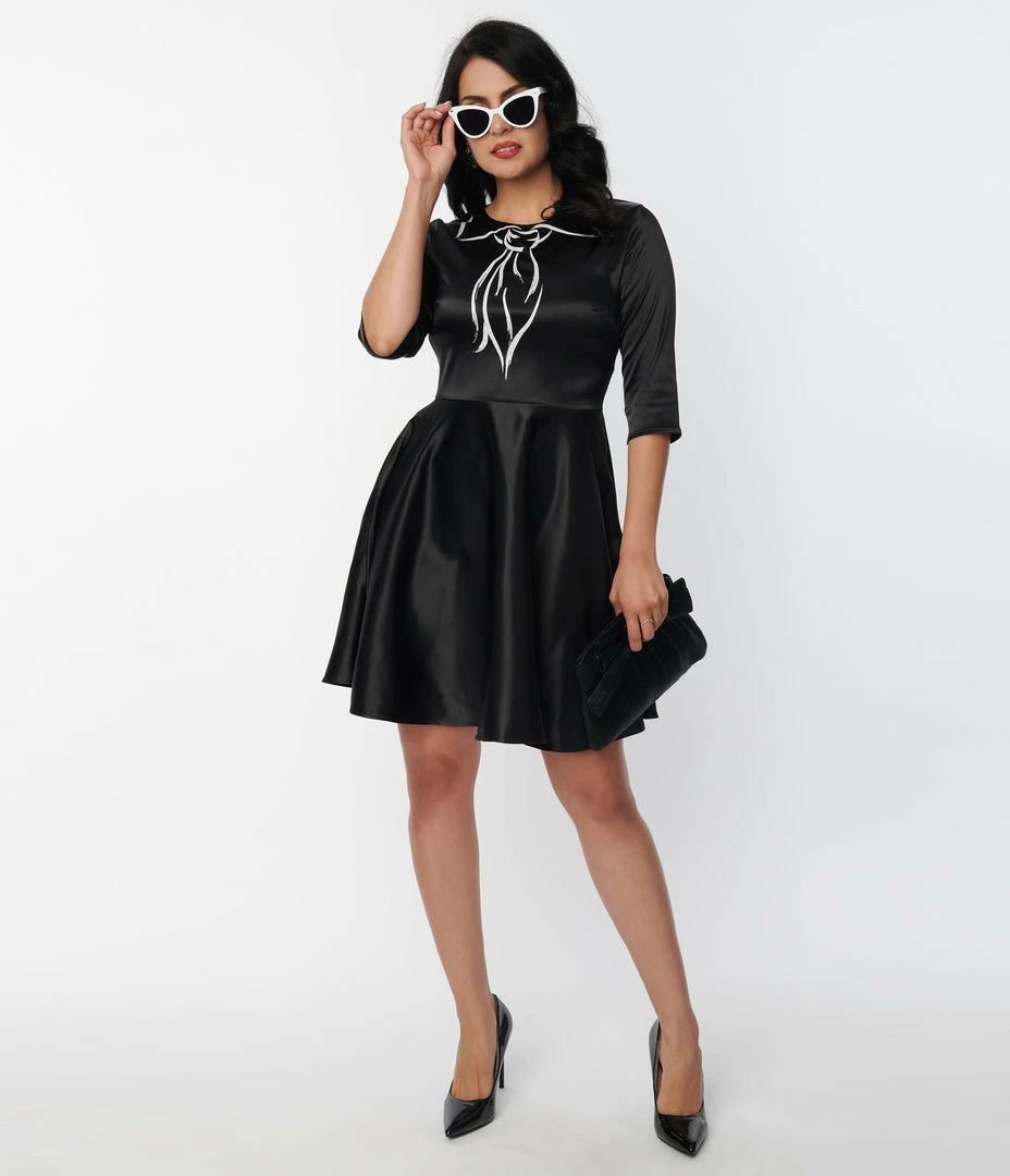 New Arrivals! Unique Vintage Black & Trompe Loeil Bow Tie Ricci Flare Dress
