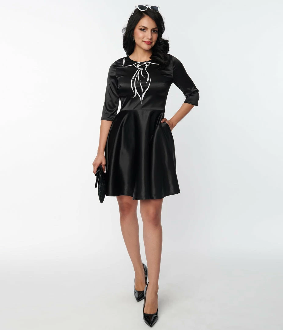 New Arrivals! Unique Vintage Black & Trompe Loeil Bow Tie Ricci Flare Dress