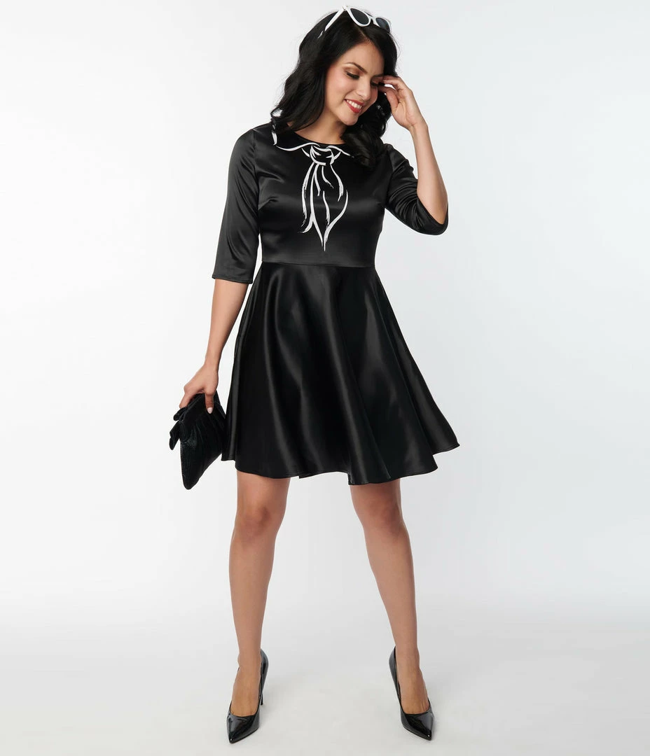 New Arrivals! Unique Vintage Black & Trompe Loeil Bow Tie Ricci Flare Dress