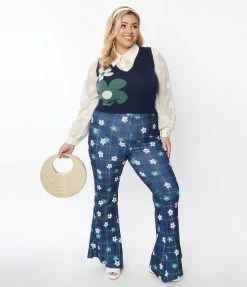 Smak Parlour Plus Size Blue Plaid & Flower Power Flare Pants