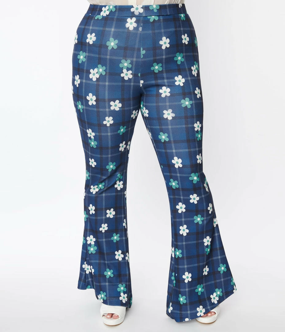 Smak Parlour Plus Size Blue Plaid & Flower Power Flare Pants