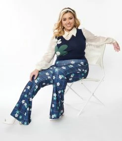 Smak Parlour Plus Size Blue Plaid & Flower Power Flare Pants