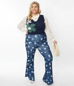 Smak Parlour Plus Size Blue Plaid & Flower Power Flare Pants
