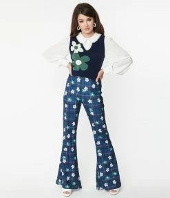 Smak Parlour Blue Plaid & Flower Power Flare Pants Trending