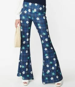 Smak Parlour Blue Plaid & Flower Power Flare Pants Trending