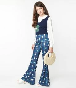 Smak Parlour Blue Plaid & Flower Power Flare Pants Trending