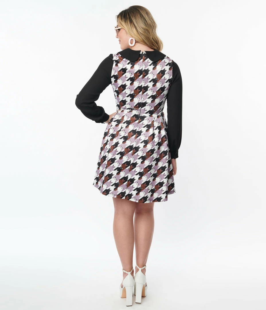 Smak Parlour Black & Purple Houndstooth Cats She.E.O. Flare Dress Trending