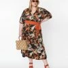 Unique Vintage Plus Size Black & Rust Paisley Wrap Midi Dress