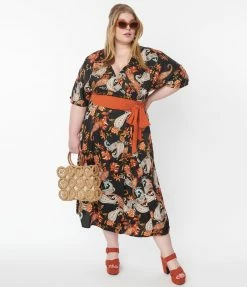Unique Vintage Plus Size Black & Rust Paisley Wrap Midi Dress