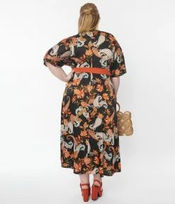 Unique Vintage Plus Size Black & Rust Paisley Wrap Midi Dress