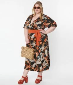 Unique Vintage Plus Size Black & Rust Paisley Wrap Midi Dress