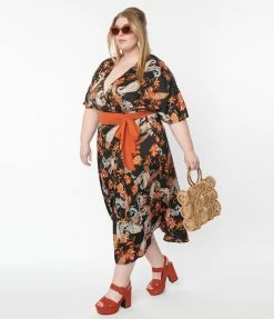 Unique Vintage Plus Size Black & Rust Paisley Wrap Midi Dress