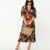 Clothing Unique Vintage Black & Rust Paisley Wrap Midi Dress