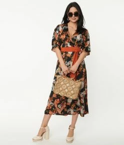 Clothing Unique Vintage Black & Rust Paisley Wrap Midi Dress