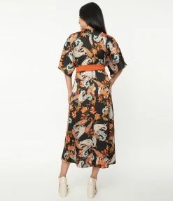 Clothing Unique Vintage Black & Rust Paisley Wrap Midi Dress