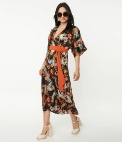 Clothing Unique Vintage Black & Rust Paisley Wrap Midi Dress
