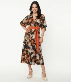 Clothing Unique Vintage Black & Rust Paisley Wrap Midi Dress
