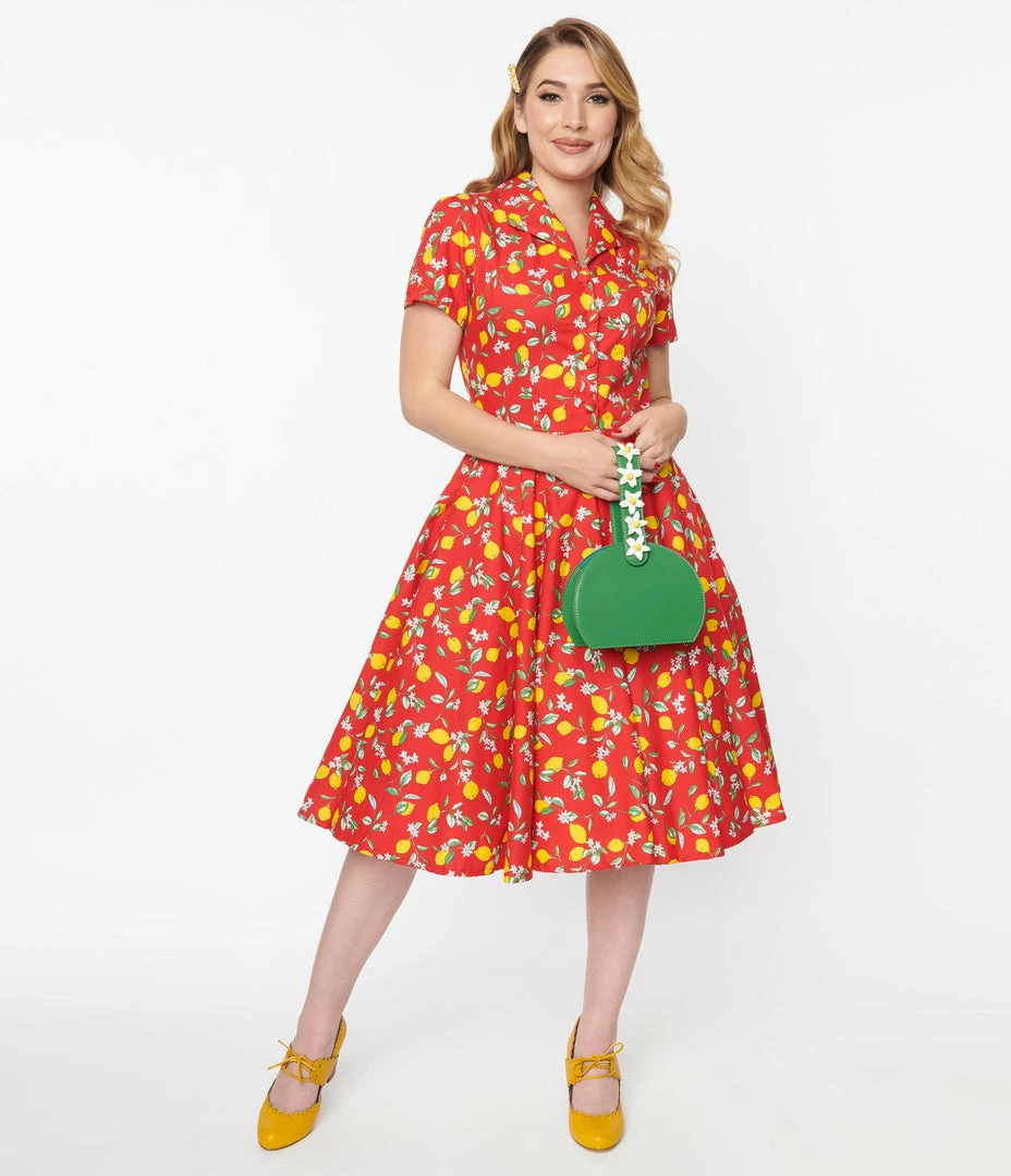 Sale Magnolia Place 1950s Red & Lemon Print Mona Swing Dress