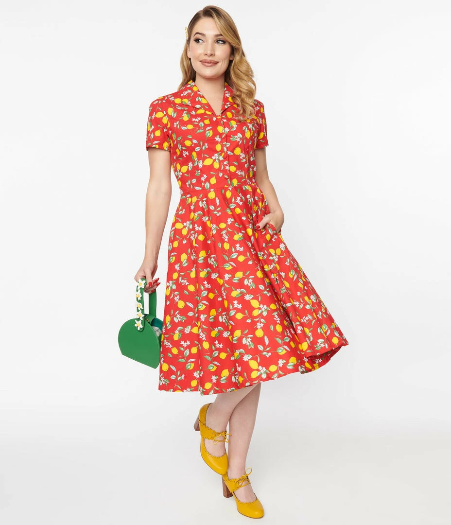 Sale Magnolia Place 1950s Red & Lemon Print Mona Swing Dress